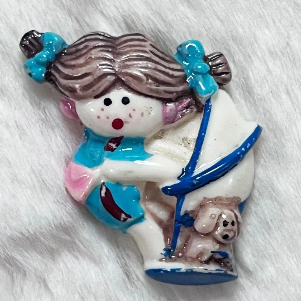 🔮 5/$25 Vintage Girl With Pigtails Walking Dog With Umbrella Pin‎